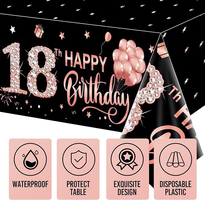 3 Pack 18th Birthday Tablecloth Decorations, Rose Gold Happy Eighteen Theme Table Cover, Plastic Disposable Rectangular Table Cloth Decor