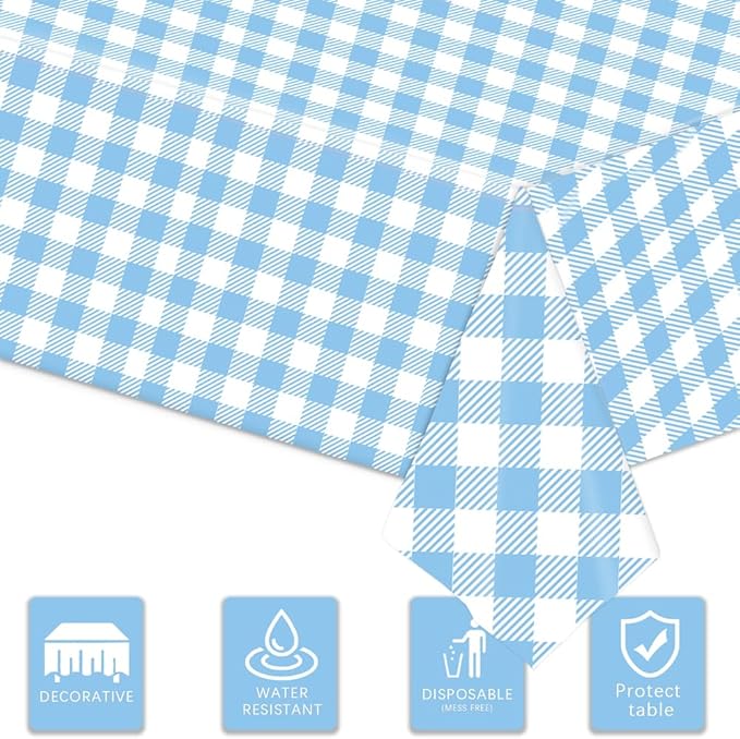 3 Pcs Light Blue Checkered Tablecloth 54 ×108 Inches Rectangle Blue Gingham Tablecloth Disposable Plastic Waterproof Table Cover for Outdoor Picnic, Kitchen, Holiday Birthday Party