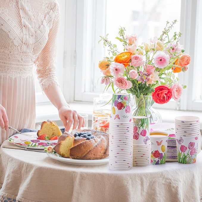 Pickmesh 250 Pcs Party Disposable Tableware Set Paper Plates and Napkins Cups Supplies Tea Party Theme Dinner Dinnerware for Birthday Bridal Baby Shower wedding Decoration Serves 50 (Tulip)