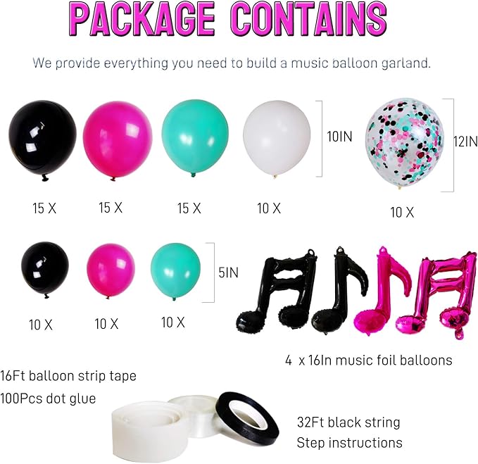 Music Notes Party Decorations, Karaoke Balloon Garland & Arch Kit, White, Rose Red, Seafoam Blue, Black Latex Balloons Confetti Balloon Musical Note Foil Balloon Strip Set for Birthday Party Supplies