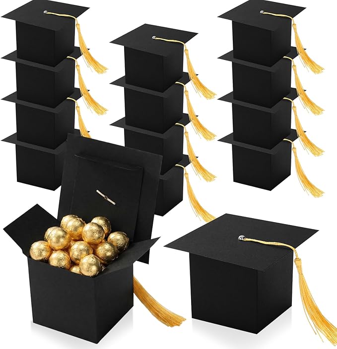 TaoBary 12 Pieces Graduation Candy Box Graduation Decorations Party Gift Boxes Graduate Cap Box Candy Chocolate Cookie Supplies for Ceremony Party(Black)