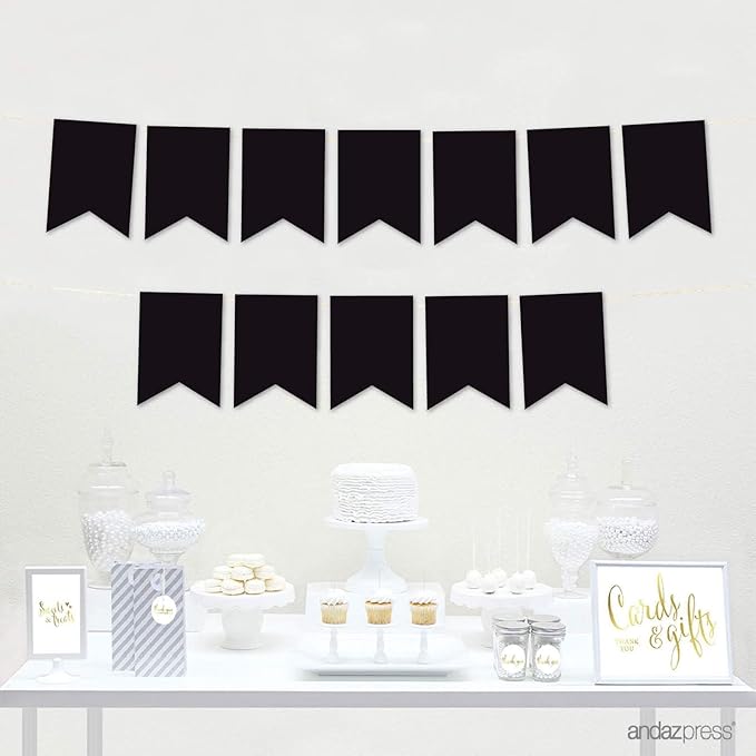Andaz Press Hanging Pennant Banner with String, Black, 1-Set, 24 Pennants, Approx. 12-Feet Long