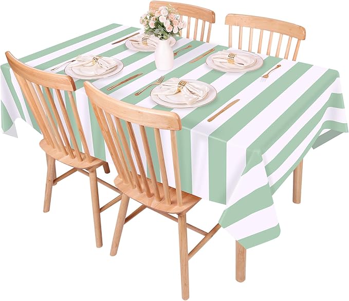 Kesfey 3 Packs Sage Green and White Horizontal Striped Table Cloth 54 x 108 Inches Sage Green Stripe Tablecloths Disposable Plastic Stripe Table Covers Waterproof Picnic Tablecover for Birthday Party