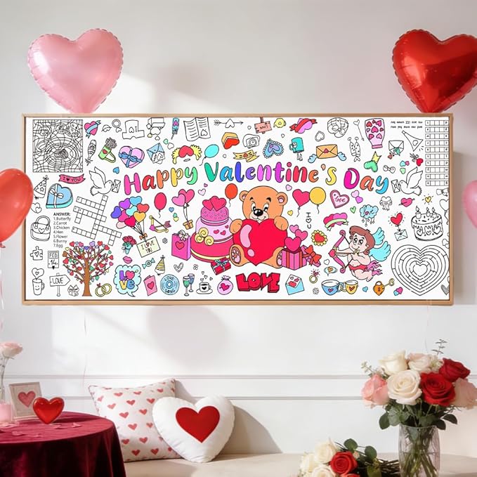 Valentines Coloring Tablecloth/Poster, Valentines Day Gifts for Kids Classroom, Valentines Day Decorations, 72"X30" Giant Paper Coloring Banner Tablecloth for Kids Crafts Activities Party Decorations