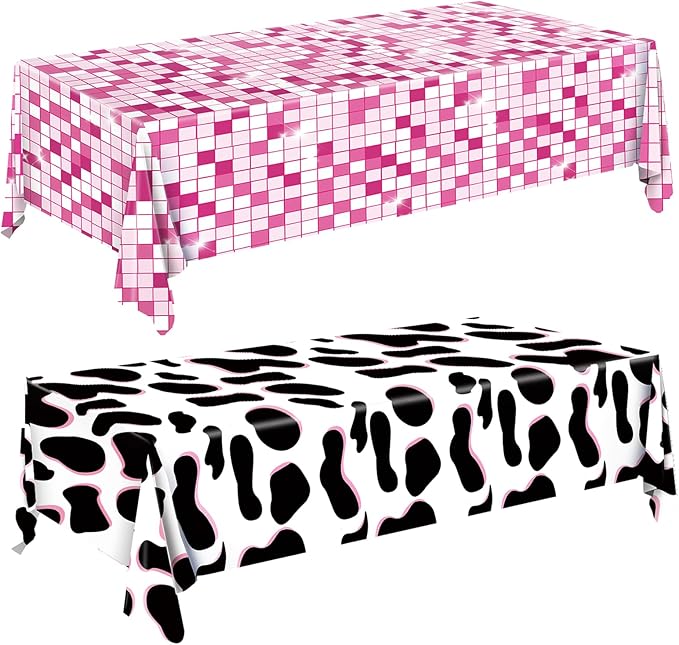 2Pcs Cow Print Tablecloth, Cowgirl Birthday Party Decorations, Waterproof Plastic Disco Table Cloth for Disco Pink Cowgirl Decorations Supplies 54X108inch