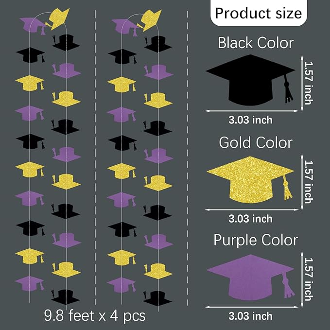 Black Purple and Gold Graduation Garland Graduation Party Decorations Class of 2026 Grad Cap Garland Banner Streamers for Grad Party Hanging Decorations 39Feet