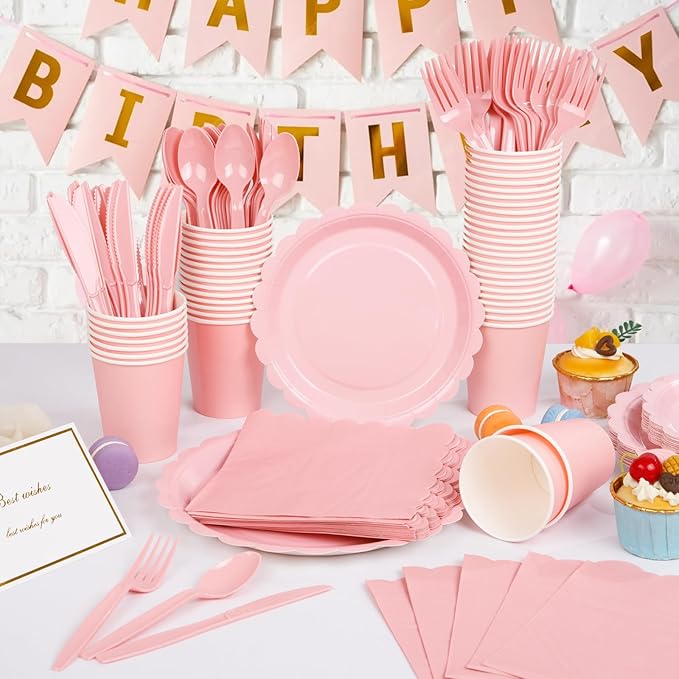 LIYH 350 Pcs Pink Paper Plates and Napkins - 50 Guest Light Pink Party Supplies Include Easter Scalloped Plates Cups Plastic Spoons Forks Knives for Baby Shower Birthday Party,Easter