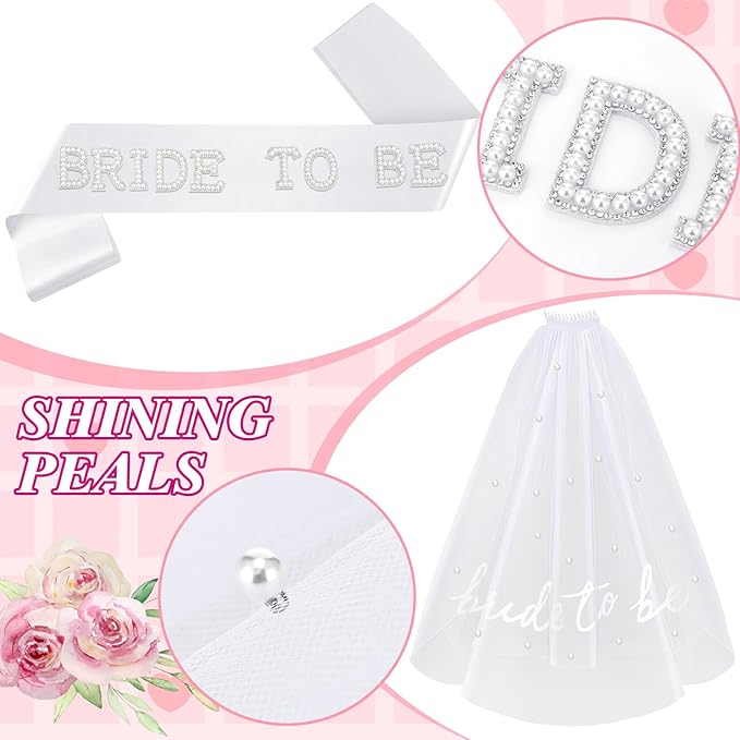 8 Pcs Bachelorette Party Bride to Be Decorations Pearl Heart Sunglasses Pearl Sash Bridal Veil for Wedding Engagement Bridal Shower Favors