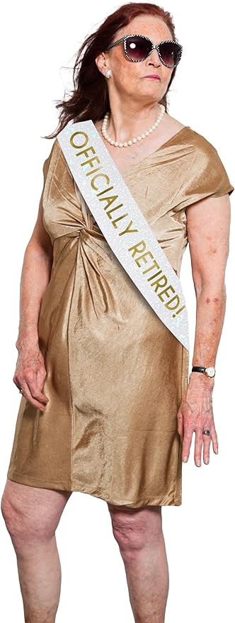 Officially Retired Celebration Sash - Elegant Retirement Sash for Women and Men with Oversized Safety Pin. Perfect for Retirement Parties, Events, and Decorations by JPACO (White)