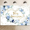 MEHOFOND 8x6ft Feliz Aniversario Backdrop Blue White Floral Wedding Anniversary Photography Background Hearts Geometric Couple Wedding Women Birthday Party Cake Smash Decor Studio Photo Props