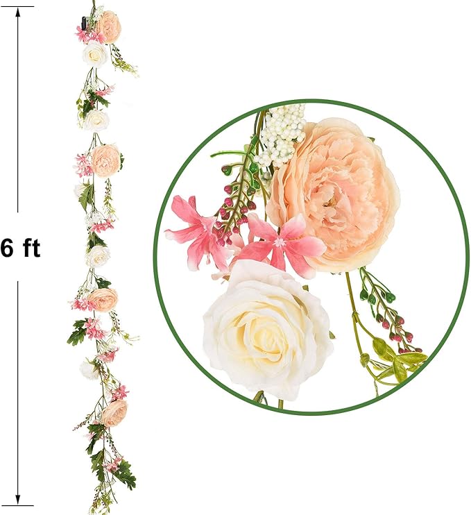 Lvydec Artificial Peony Flower Garland - 6ft Silk Peony Garland with Champagne and White Flowers for Wedding Party Table Decoration