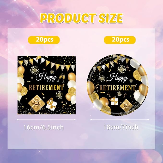 40PCS Retirement Decorations For Men Happy Retirement Decorations Plates Napkins Tableware Set Black and Golden Disposable Dinnerware Table Decoration Favors for Women Men