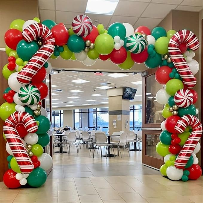Christmas Balloon Arch Garland Kit, 141Pcs Red and Green White Xmas Balloon with Candy Cane Gold Explosion Star Foil Balloons for Merry Christmas Holiday Woodland Winter New Year Party Decorations