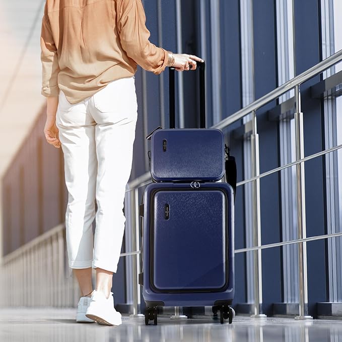 TRAVELARIM 20 Inch Carry On Luggage 22x14x9 Airline Approved, Carry On Suitcase with Wheels, Hard-shell Carry-on Luggage, Durable Luggage Carry-On, Navy Small Suitcase with Cosmetic Case