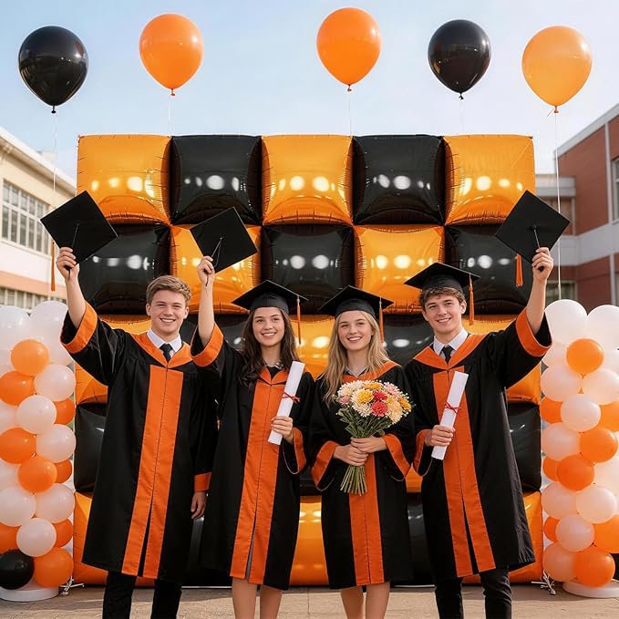 Black Orange Square Foil Balloon Wall,25Pcs Double Sided Foil Balloons Backdrop Helium Polyester Tunnel Arch Garland Kit for Birthday Graduations Anniversary Baby Shower Party Decorations