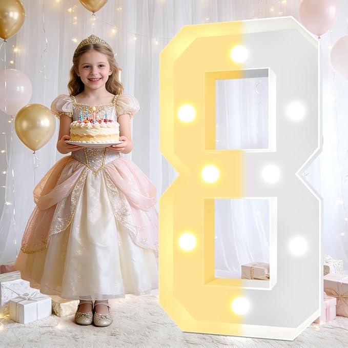 Pooqla 3FT Light Up Marquee Numbers, Cool White and Warm White LED Large Lighted Marquee Numbers, Giant Mosaic Light Up Numbers for Balloons 8th 18th 80th Birthday Decoration Party Decor, LED Number 8