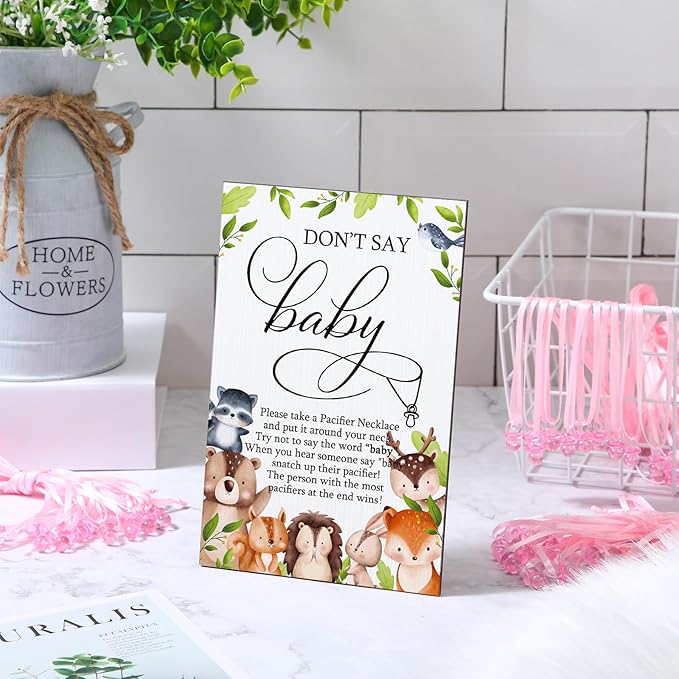 Geetery 51 Pcs Don't Say Baby Game Sign Cool Baby Shower Game 50 Pacifier Necklace Wooden Don't Say Sign Plastic Pacifier Party Favor for Gender Reveal(Woodland,Pink)