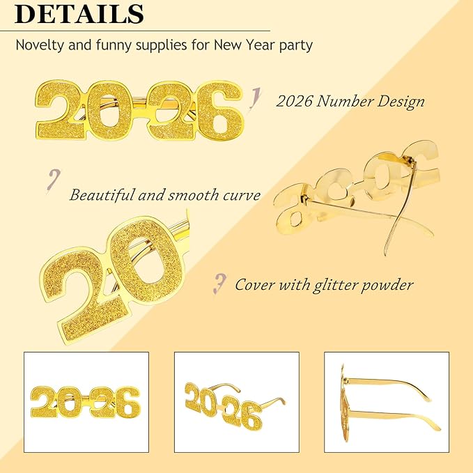 Kanayu 3 Pcs 2026 New Years Party Supplies Glasses New Years Eve Glasses Props for Women Men, Gold, Silver, Black(Glitter Style)