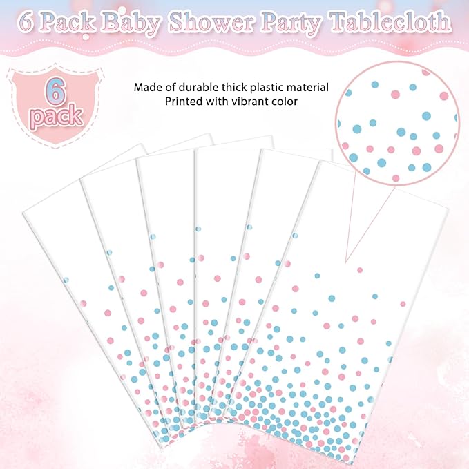 6Pack White and Pink Blue Plastic Tablecloth, White Disposable Table Cloth for Rectangle Tables, Pink Blue Stamping Dot White Tablecloth for Gender Reveal Baby Shower Birthday Party Supplies, 54"x108"
