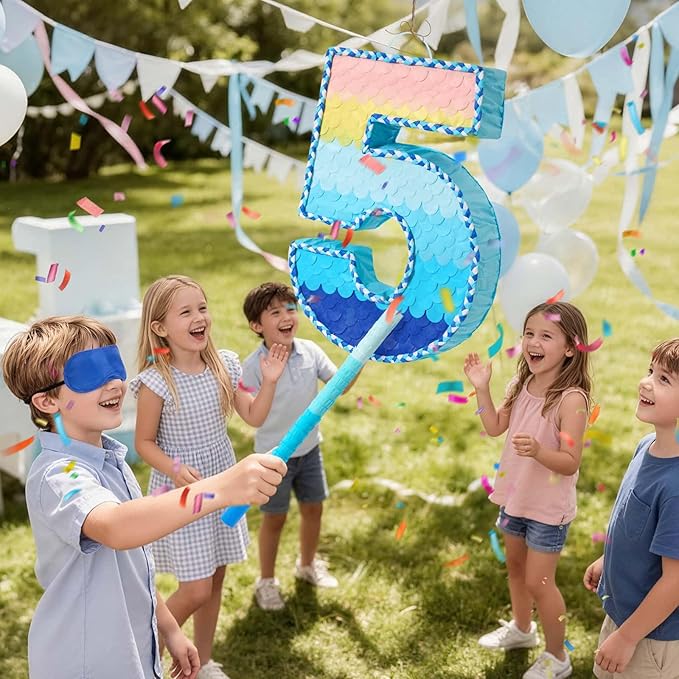 WERNNSAI Number 5 Piñata - Ombre Blue Pull String Piñata with Blindfold and Stick Birthday Party Game for Kids Boys Girls 5th Birthday Party Decorations （16.3" x 11.4" x 3")