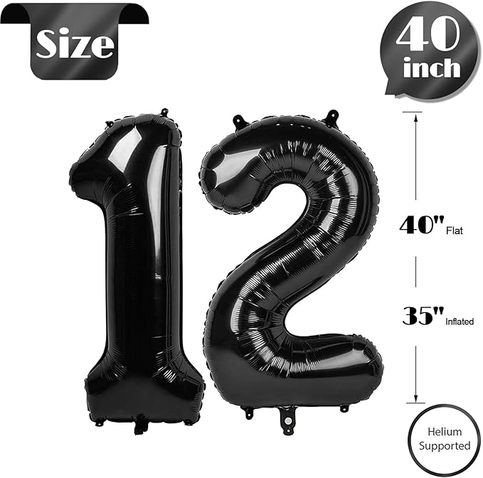 12 Balloon Number, Black Number 12th 21th Birthday Balloons 40 Inch, 12 or 21 Years Old Black Birthday Decorations for Boys Girls, 12th Anniversary Decorations
