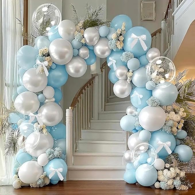 Blue White Balloon Garland Double Stuffed Light Baby Blue Balloons White Bow Bobo Pearl Balloon Arch Kit for Wedding Birthday Baby Shower Winter Princess Party Decorations