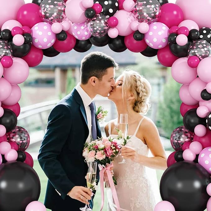 Pink Black Balloon Arch Kit, Pastel Hot Pink Black Dot Balloons Garland with Bow Heart Foil Balloons for Girls Kids Birthday Baby Shower Wedding Party Decor