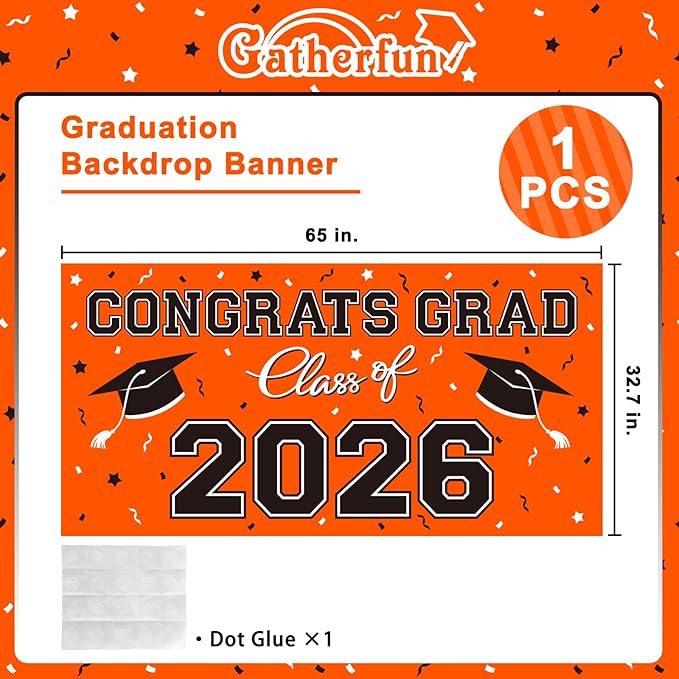2026 Graduation Party Plastic Backdrop - 65" x 32.7" Congrats Grad Banner in Orange, Large Class of 2026 Decorations, Photography & Grad Party Supplies