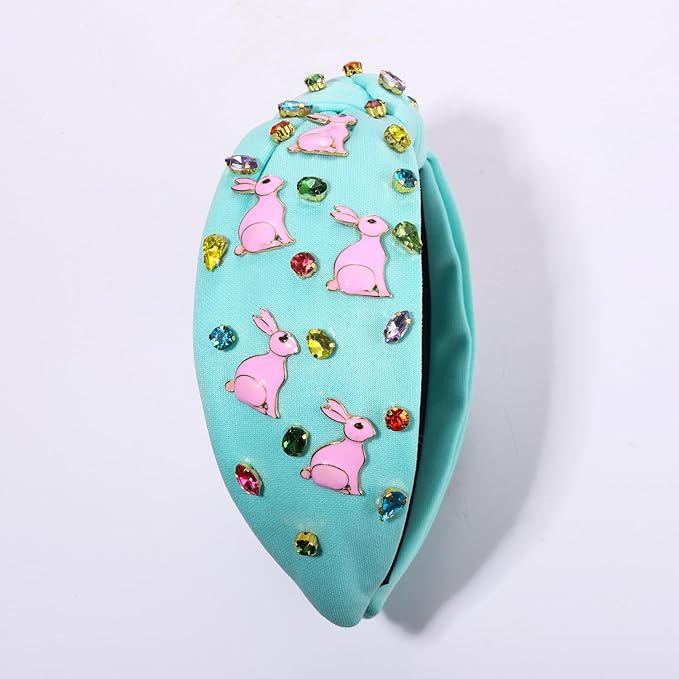 Easter Headbands for Women Girls Cute Easter Bunny Headband Jeweled Crystal Embellished Knotted Headband Holiday Party Hair Accessories (Bunny Blue)
