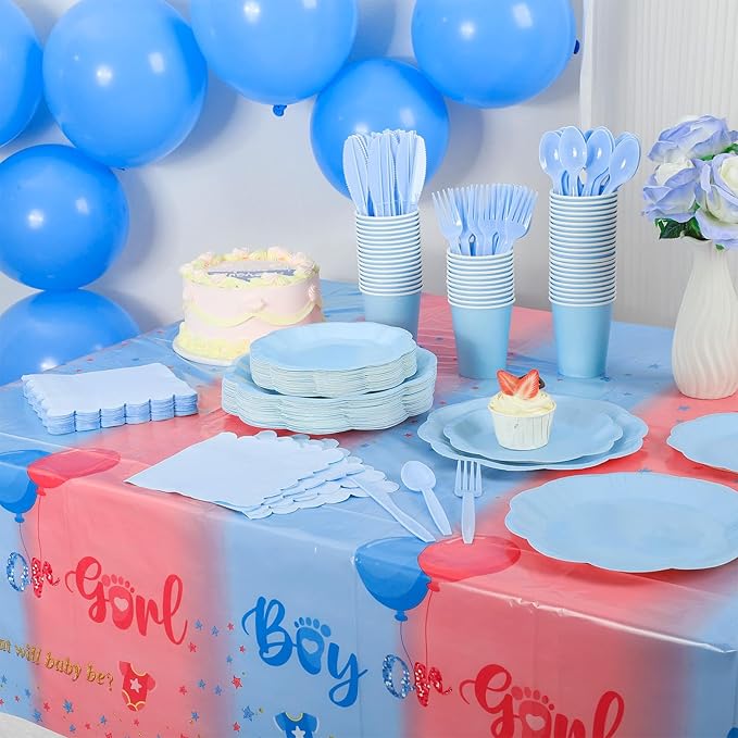 175 Pcs Light Blue Plates and Napkins Set, 25 Guest Blue Supplies Include Scalloped Easter Plates Napkin Cup Forks Knives Disposable Plastic Cutlery for Wedding Boy Baby Shower Birthday Banquet