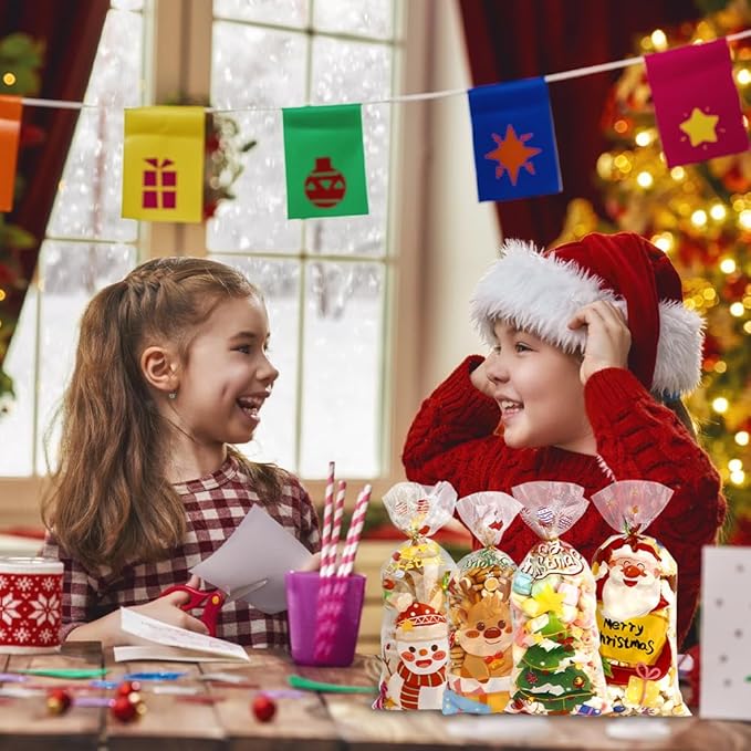 100 PCS Christmas Cellophane Treat Bags(5x11 Inch) with Tie, Plastic Christmas Bags for Candy Goodie Goody Cookie Gift Wrap Xmas Santa Pouches Frozen Winter Holiday Party Favors Supplies Decorations