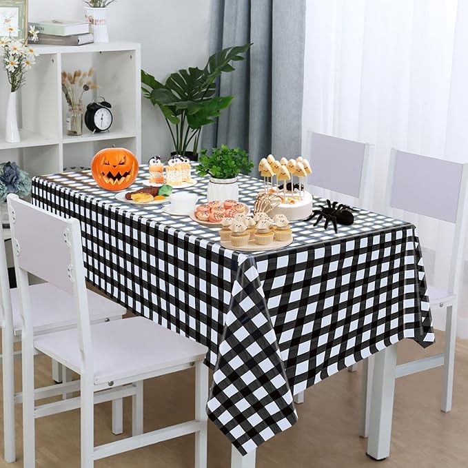 4 Pack Buffalo Plaid Tablecloths - 54x108 Disposable Plastic Black and White Lumberjack Checkered Tablecloth for Party, Picnic, Camping, Barbecue, Christmas, Holiday Table Decor