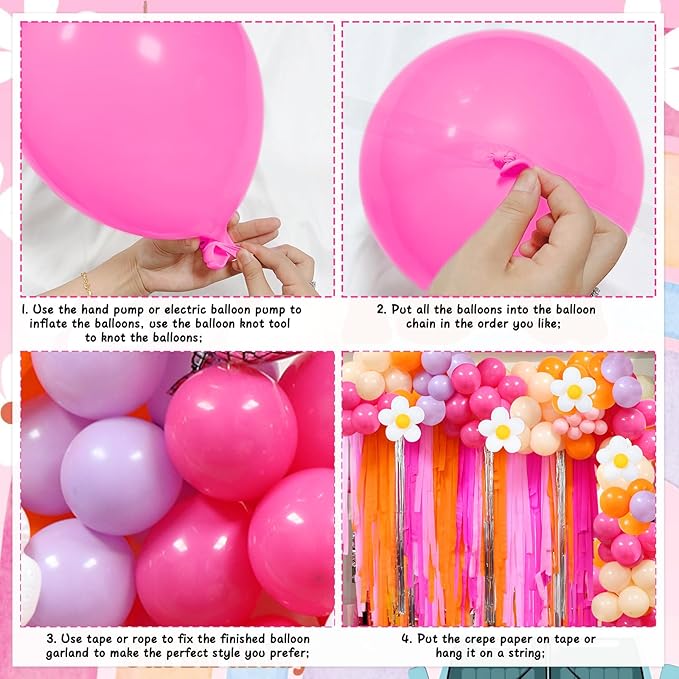Pink Orange Groovy Balloon Arch Fringe Backdrop, Daisy Balloon Garland Arch Kit, Groovy Streamers for Flower Groovy Birthday Baby Shower Wedding Bachelorette Groovy Party Decorations