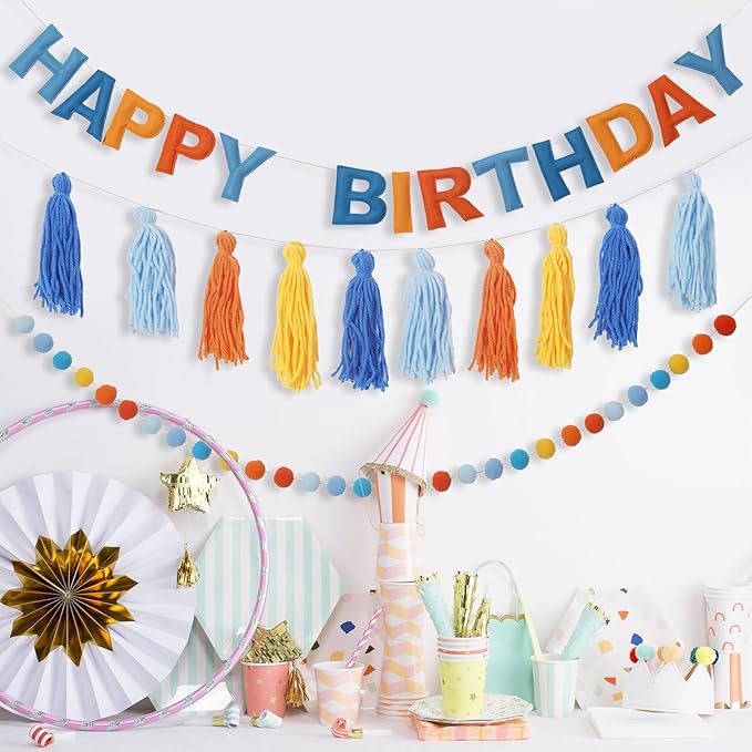 Pre-Strung Happy Birthday Banner Blue and Orange Party Decorations Felt Ball Garland Sign for Blue Dog Birthday Party Décor