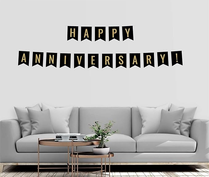 Andaz Press Faux Gold Glitter on Black Wedding Anniversary Party Banner Decorations, Happy Anniversary!, Approx 5-Feet, 1-Set, Birthday Milestone Colored Hanging Pennant Decor