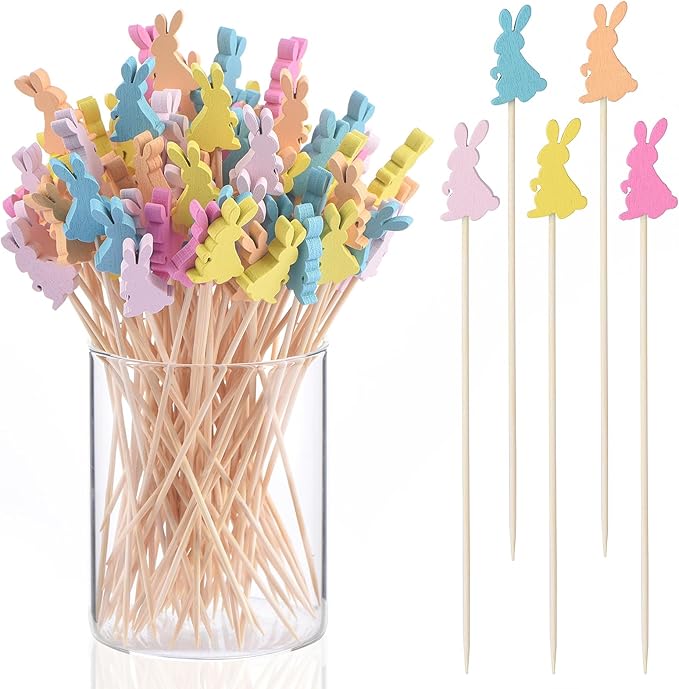 JtmyAota 100 Pack Easter Toothpicks for Appetizers, 4.7 Inch Natural Bamboo Cocktail Picks for Cake Dessert Food Fruit Easter Party Decorations