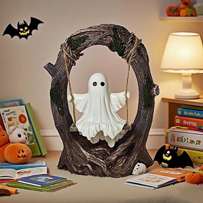 Swinging Ghost on Tree Swing, Cute Swinging Ghost Halloween Figurine Indoor Decoration, Desktop & Bookshelf Decor, Outdoor Courtyard Garden Decoration, Halloween Ghost Gift