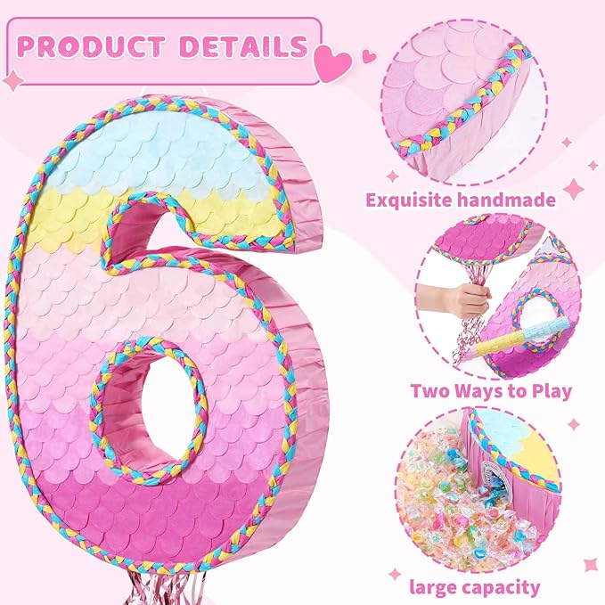WERNNSAI Number 6 Piñata – Pink 6th Birthday Party Decorations for Kids Girls Rainbow Ombre Six Piñata with Blindfold and Stick for 6 Year Birthday Supplies Princess Anniversary Decoration