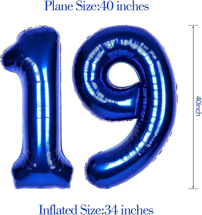 40Inch Navy Blue Number 19 Balloon Large Helium Royal Blue Number Balloons 0-9 Giant Digital 19th Foil Mylar Big Party Balloon for Boy Birthday Party Anniversary Graduation Decorations