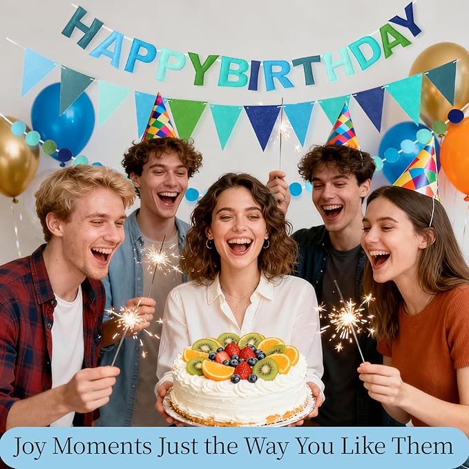 3PCS Pre-Strung 3D Blue Felt Happy Birthday Banner Set – Pom Pom Garland & Triangle Bunting, Reusable Happy Birthday Decorations, Felt Happy Birthday Banner & Sign for Boys, Men & Teens