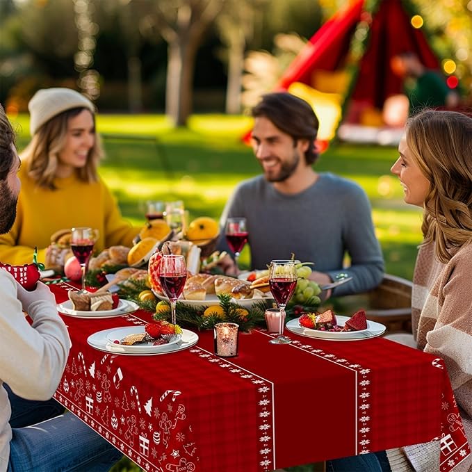 Childom 2 Pack Christmas Tablecloths Disposable,Christmas Decorations,54 x 108 Inch,Plastic Table Cloths for Rectangle Tables,Red Themed Checkered Table Covers for Xmas,Indoor,Outdoor,Birthday,Parties