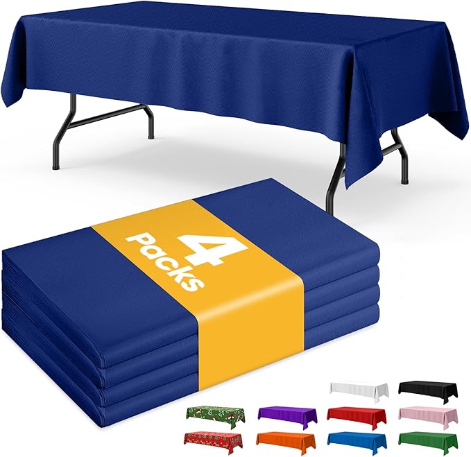 Navy Blue Plastic Table Cloth - 4 Pack 54" × 108" Rectangle Disposable Tablecloths for 6FT Tables, Table Cover for Party, Holiday & Gathering Use