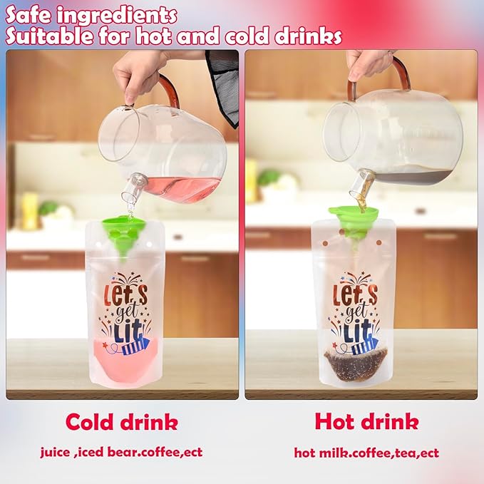 ChezMax 24PCS Drink Pouches for adults, Patriotic Drink Pouches with Straws, USA Party Favors, American Flag Party Supplies, Pouches Stand up Bags, Juice Pouches, 6 Styles, 500 ML