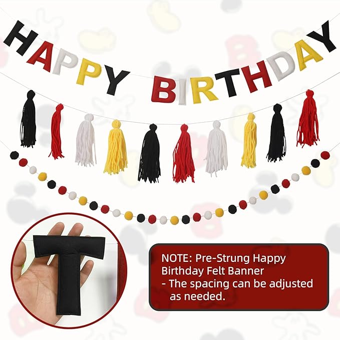 Pre-Strung Happy Birthday Banner Red and Black Party Decorations Felt Ball Garland Sign for Cartoon Mouse Birthday Party Décor