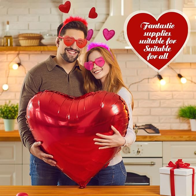 48 Pcs Red Love Heart Bopper Glitter Headbands and Heart Sunglasses, Wedding Party Pink Eyeglasses for Decor