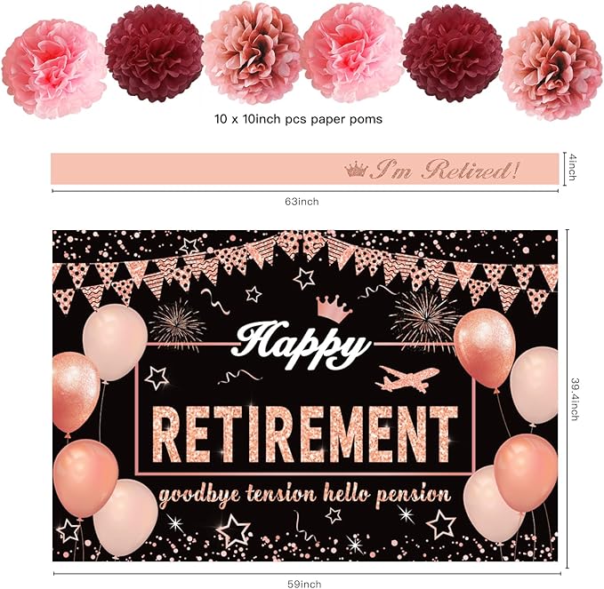 Retirement Party Decorations for Women, Rose Gold Happy Retirement Banner Backdrop Hanging Swirls Party Supplies, Retired Sash Balloons Honeycomb Centerpieces Cupcake Toppers Decor