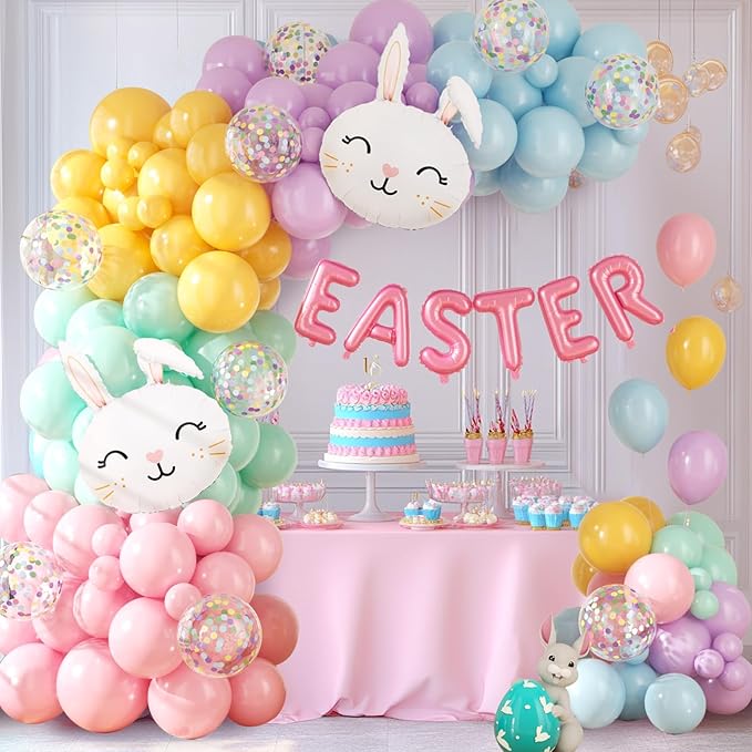 Easter Decorations Indoor Outdoor Balloon Arch Kit, Rainbow Easter Balloon Garland Kit,Happy Easter Color Balloons,Easter Bunny Balloons for Rainbow Easter Birthday Party Decorations