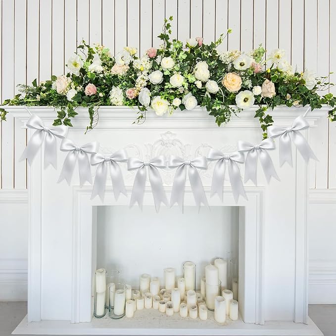 2 Strings of 16PCS White Bow Garlands Banner Decoration,Pre-Strung Satin Ribbon Ornaments for Birthday,Bachelorette Party,Bridal Shower,Wedding,Engagement,Baby Shower, Graduation Decor,Anniversary