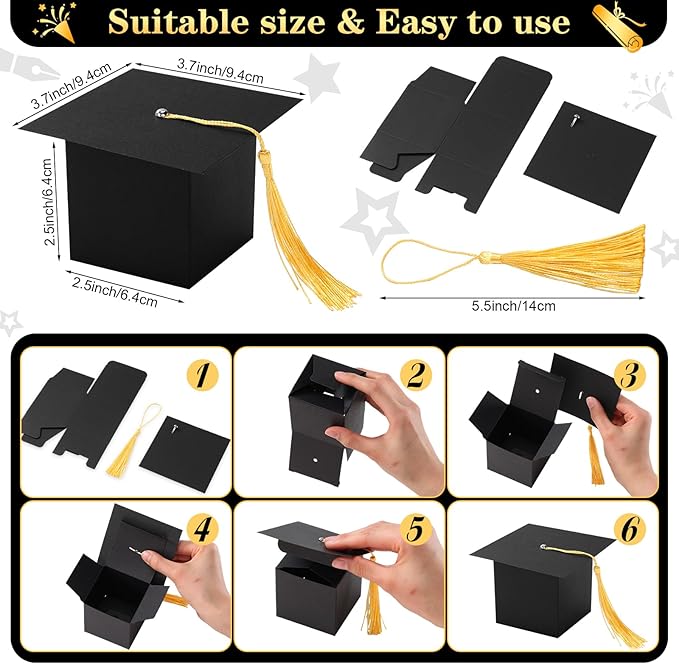 TaoBary 12 Pieces Graduation Candy Box Graduation Decorations Party Gift Boxes Graduate Cap Box Candy Chocolate Cookie Supplies for Ceremony Party(Black)