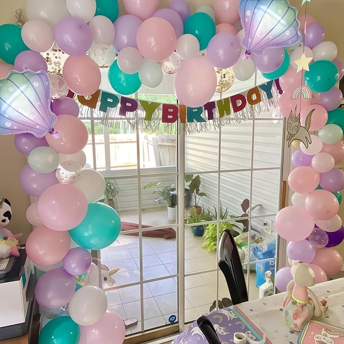 Mermaid Balloons, Pastel Pale Pink Light Purple Lilac Teal Pearl White Balloons with Seashell Foil Balloon Confetti Balloon for Girls Kid Sea Birthday Party Ocean Under The Sea Baby Shower Decorations